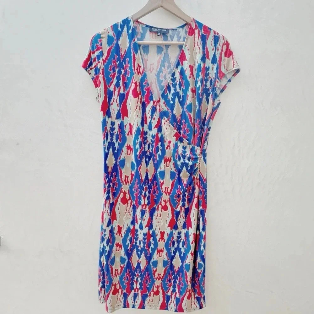 Jones New York Signature || Abstract Crossover Wrap Midi Dress Cap Sleeve Size L